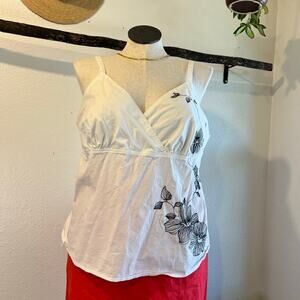 Venezia Vintage Y2K White Cotton Black Floral Embroidered Tank Top Size XL